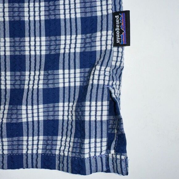 Patagonia Men's M Plaid Seersucker Shirt SS Button Up Blue White Organic Cotton - Picture 7 of 9